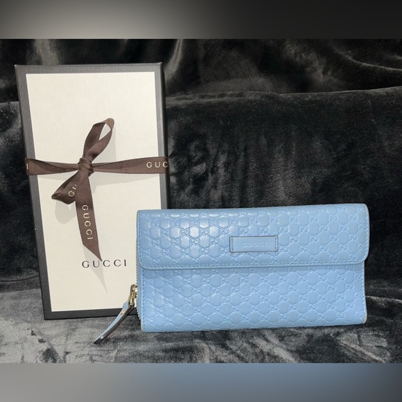 Gucci Handbags - GUCCI Micro Guccissima Zip Around Long Wallet Leather Light blue Full Inclusion